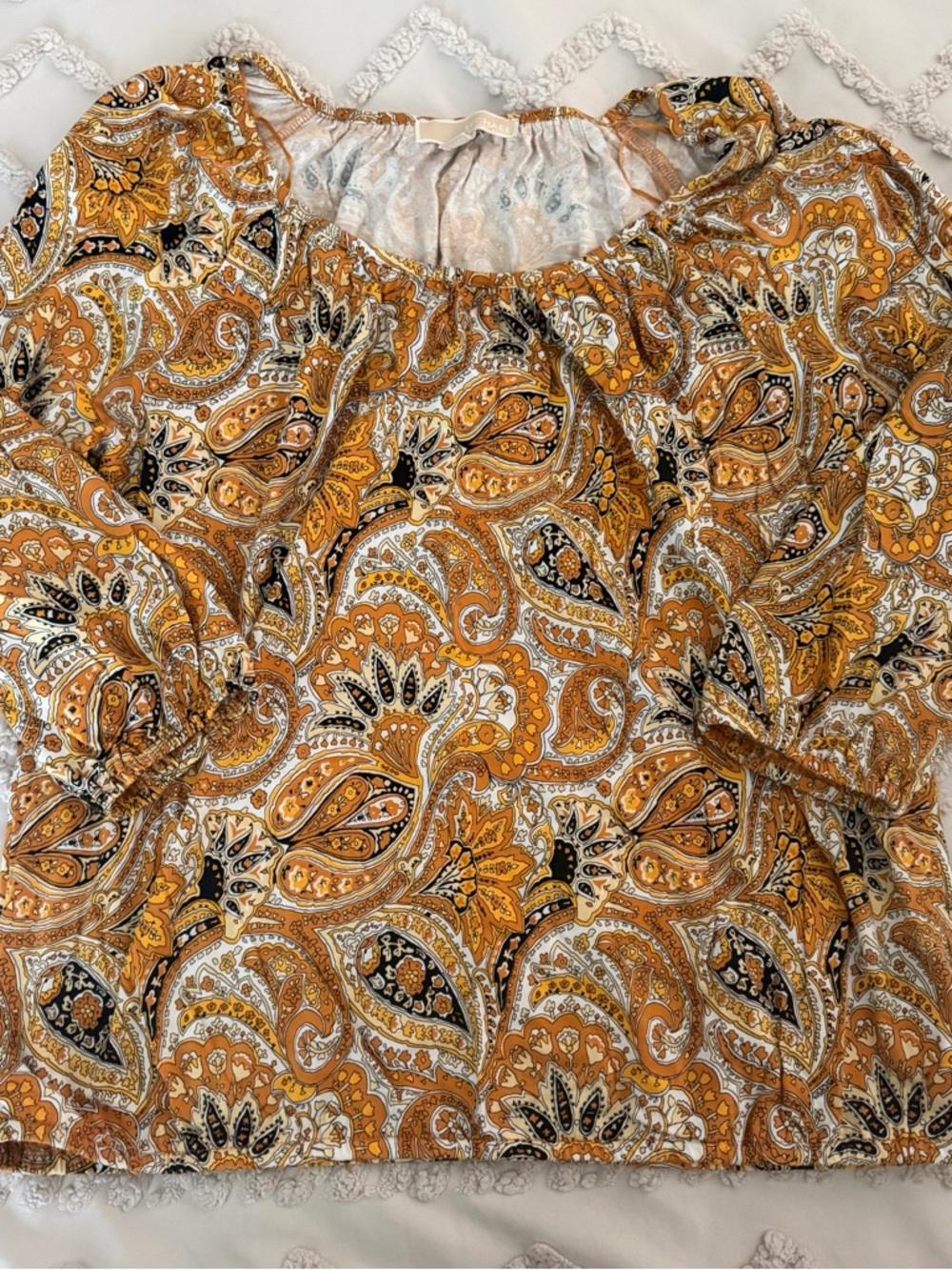Michael Kors Mustard Paisley Peasant Top with 3/4 sleeves